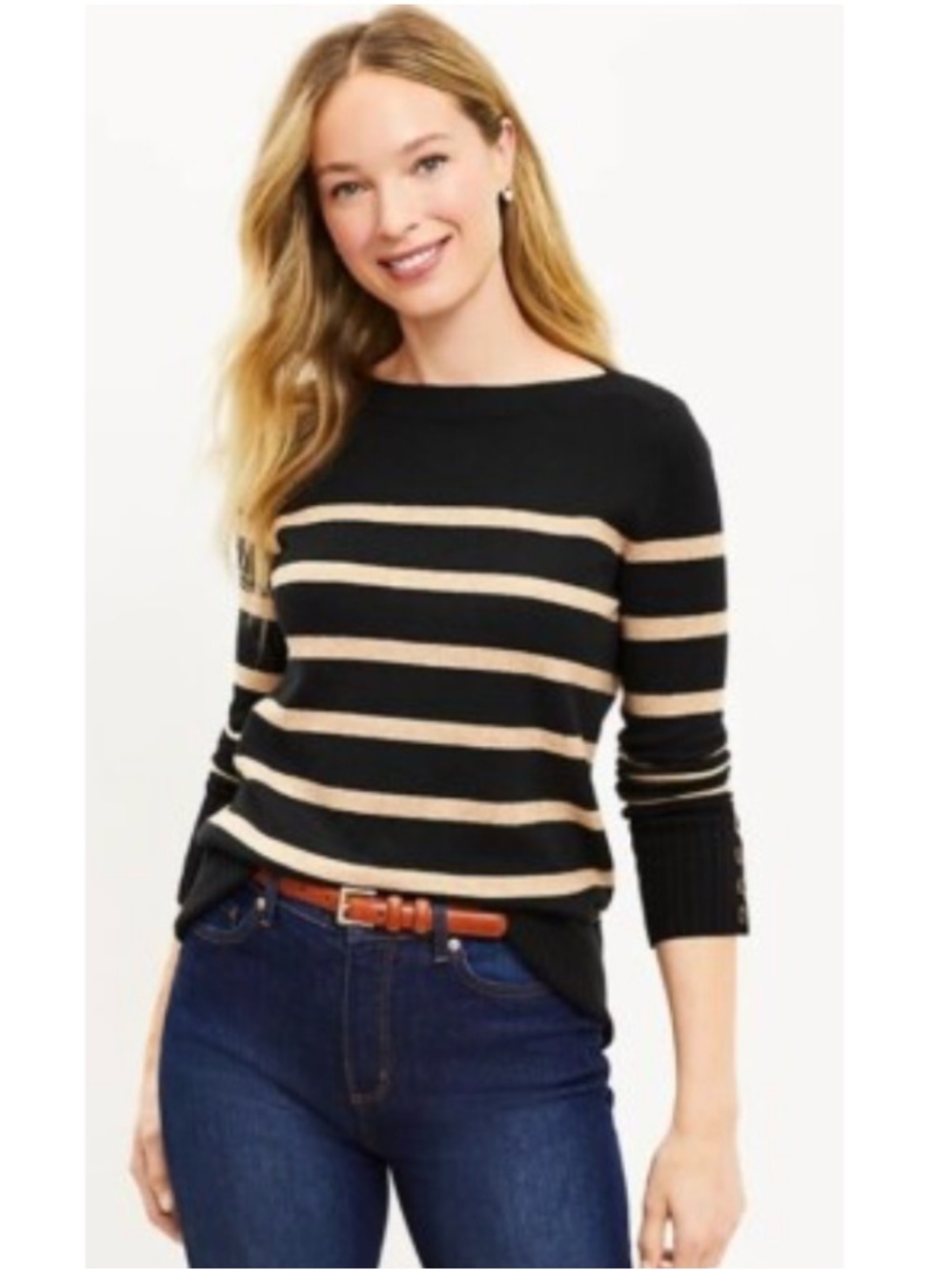 Ann Taylor LOFT Striped Knit Boatneck Tunic Pullover Sweater Preppy Black XL